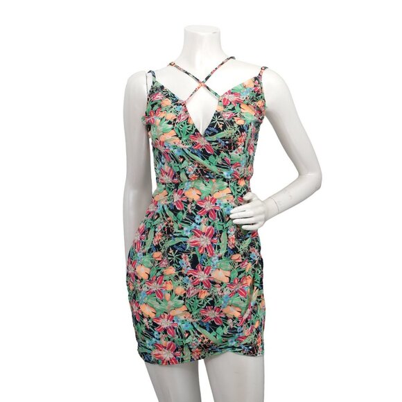 Reverse Tropical Floral Mini Dress Strappy Ruched Side Cinched Waist Black Blue - Picture 1 of 10